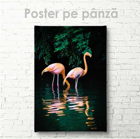 Poster, Flamingos in the dark jungle, 30 x 45 см, Canvas on frame, Animals