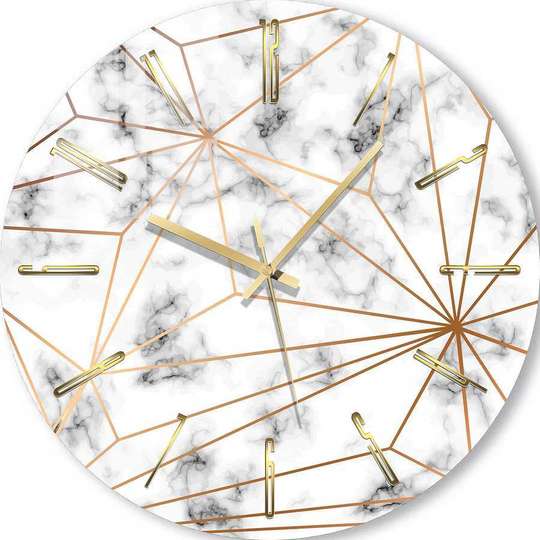 Glass clock - Golden lines on a marble background, 30cm