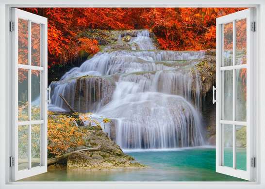 Wall Sticker - Window overlooking the cascade surrounded by red leaves, Window imitation