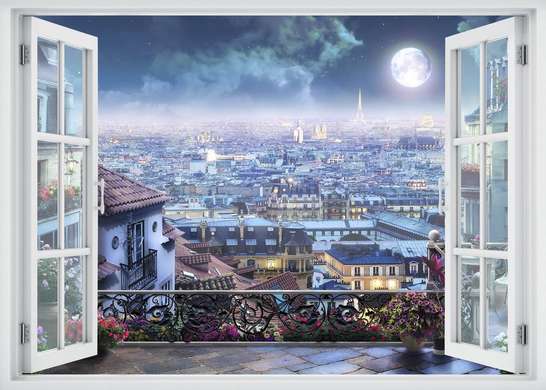 Наклейка на стену - Окно с видом на ночной город, Имитация окна, 130 х 85