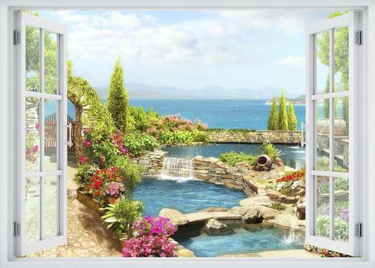 Наклейка на стену - Окно с видом на прекрасный сад, Имитация окна, 130 х 85