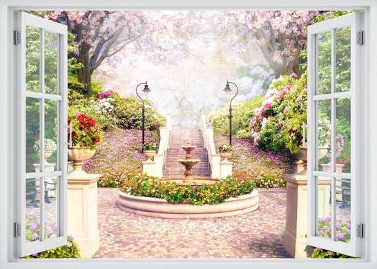 Wall Sticker - Window overlooking a blooming park with a well, Window imitation