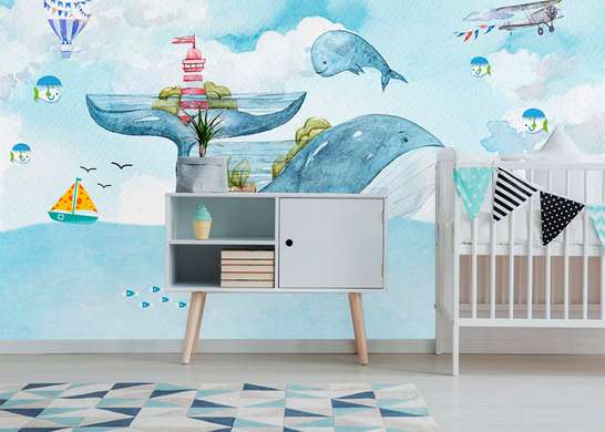 Wall mural for the nursery - Two funny whales