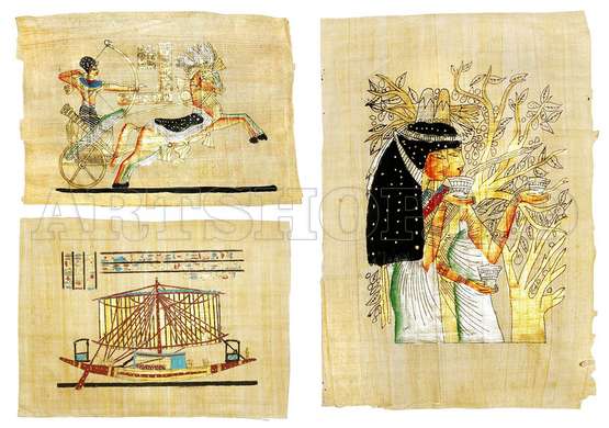 Постер - Египетские картинки на старинном папирусе, 90 x 60 см, Постер на Стекле в раме, Винтаж