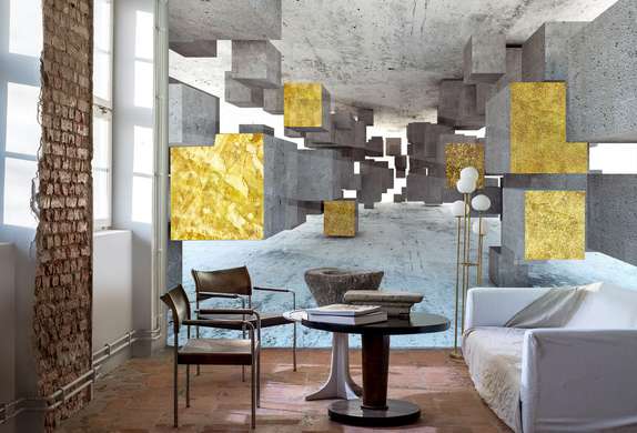 3D Wallpaper - Cubic abstraction of gray and gold color