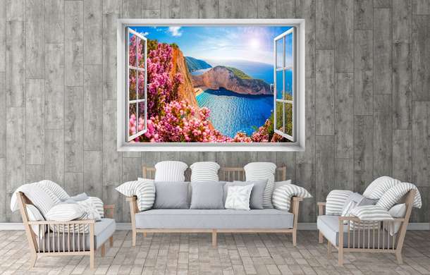 Наклейка на стену - 3D-окно с видом на море и розовые цветы, Имитация окна, 130 х 85