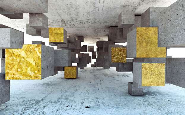 3D Wallpaper - Cubic abstraction of gray and gold color