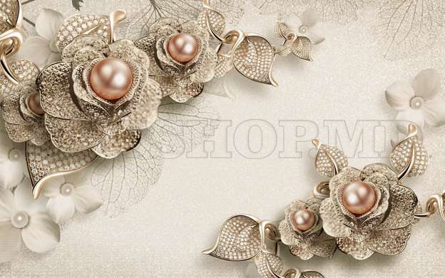 Fototapet 3D - Flori de aur cu perle pe un fundal deschis