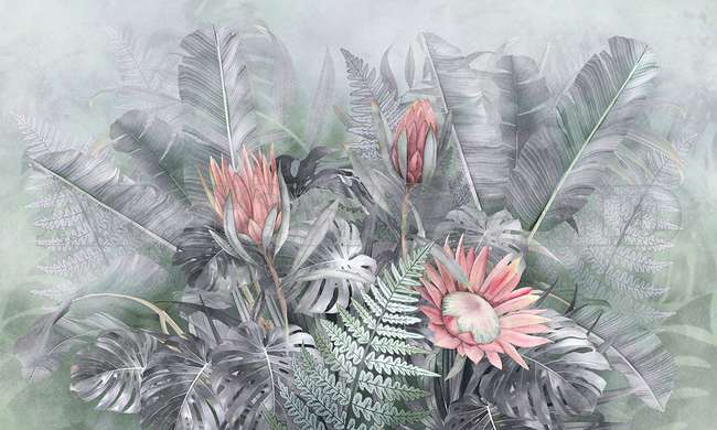 Wall mural - Exotic bouquet with pink flowers in shades of gray blue