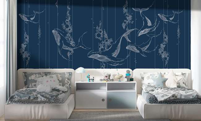 Wall mural in the nursery - Blue whales in an abstract style