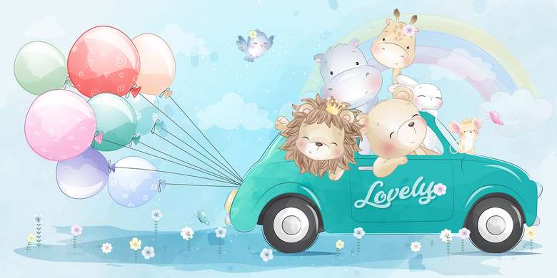 Nursery Wall Mural - Cute animals in the car with balloons