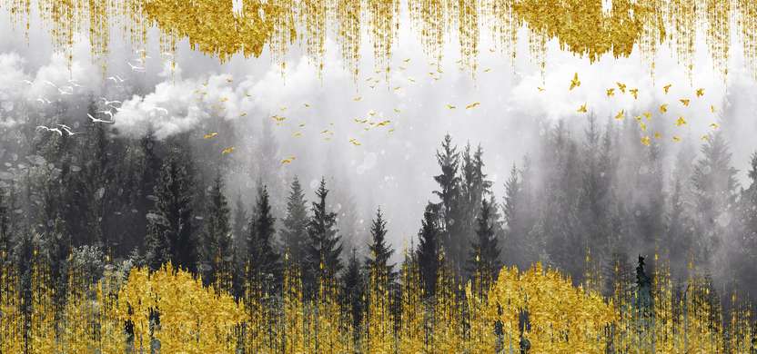 Fototapet - Pădure de brazi gri cu elemente aurii și păsări