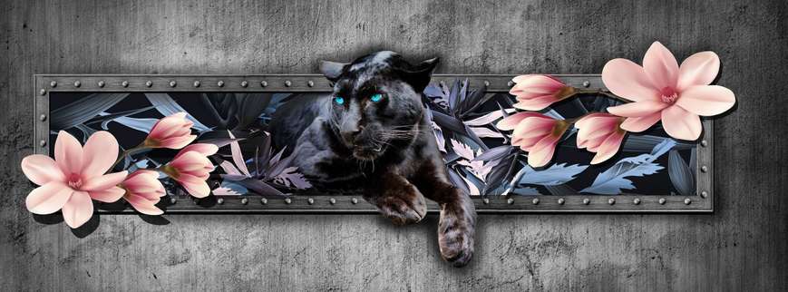 Modular picture, Black panther with pink flowers on a gray background