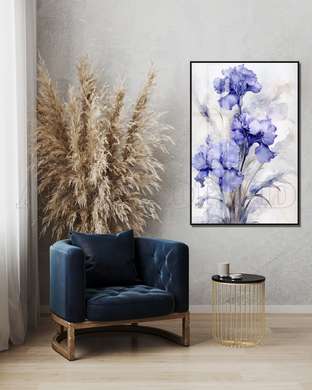 Poster - Purple flowers painted in watercolor, 60 x 90 см, Framed poster on glass, Flowers