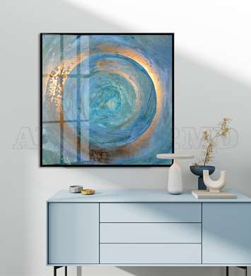 Poster - Blue & Gold Circle, 100 x 100 см, Framed poster on glass, Abstract