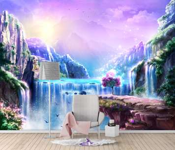 Wall Mural - Waterfall and purple sunset