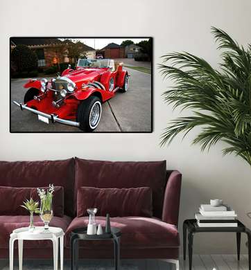 Poster - Red retro car, 90 x 60 см, Framed poster on glass, Transport