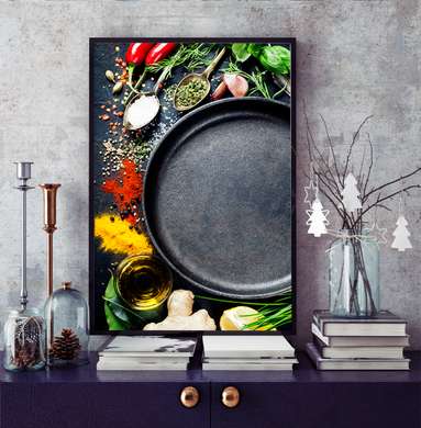 Poster - Selection of herbs and spices, 45 x 90 см, Framed poster on glass
