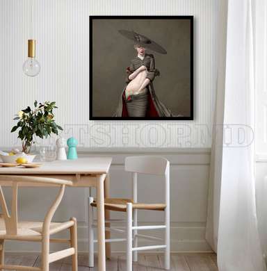 Poster - Lady in a hat, 100 x 100 см, Framed poster on glass, Nude