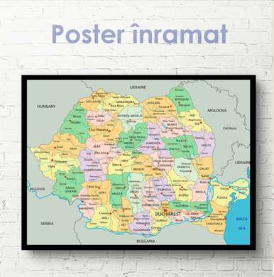 Poster - Harta politică a României, 45 x 30 см, Panza pe cadru