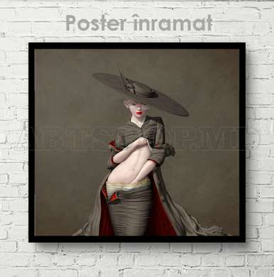 Poster - Lady in a hat, 100 x 100 см, Framed poster on glass, Nude