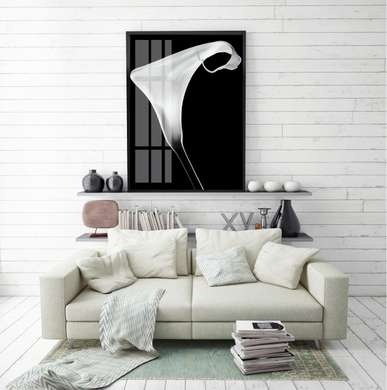Poster - White flower, 60 x 90 см, Framed poster on glass, Black & White