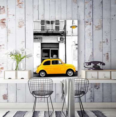 Poster - Mașină retro galbenă, 30 x 60 см, Panza pe cadru, Transport