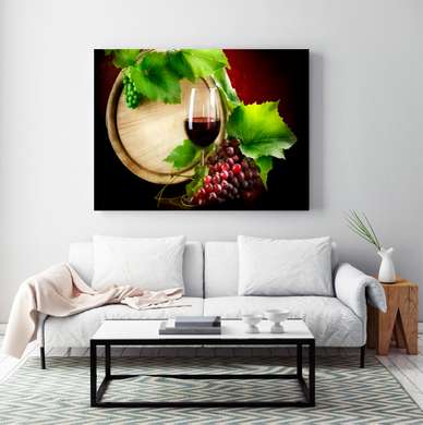 Poster - A glass of red wine on the background of a barrel, 90 x 60 см, Framed poster, Food and Drinks