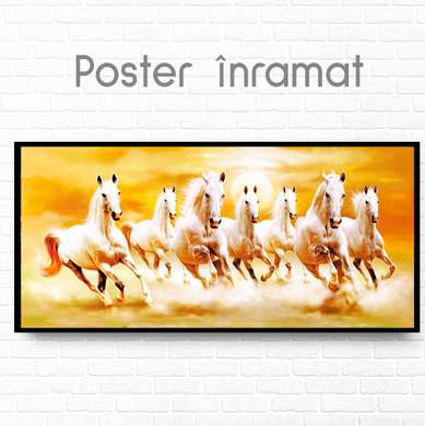 Poster, White horses on a golden background, 60 x 30 см, Canvas on frame