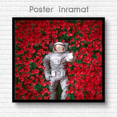 Poster - Cosmonaut in red roses, 100 x 100 см, Framed poster on glass