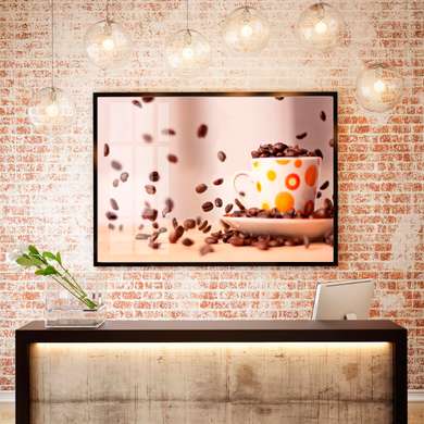 Poster - Cup of coffee with flying coffee beans, 90 x 60 см, Framed poster