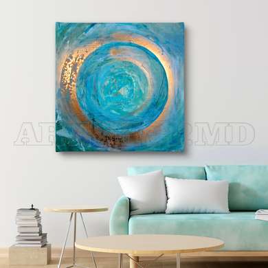 Poster - Blue & Gold Circle, 100 x 100 см, Framed poster on glass, Abstract