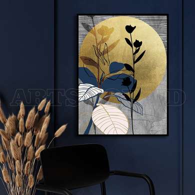 Poster - Leaves on the background of the golden sun, 60 x 90 см, Framed poster on glass, Botanical