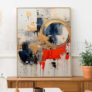 Poster - Golden rings on a multicolored background, 60 x 90 см, Framed poster on glass, Abstract