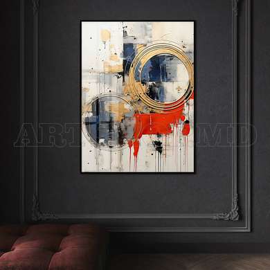 Poster - Golden rings on a multicolored background, 60 x 90 см, Framed poster on glass, Abstract