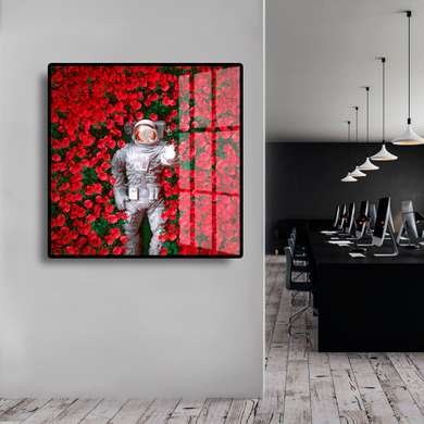 Poster - Cosmonaut in red roses, 40 x 40 см, Canvas on frame