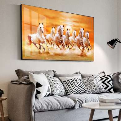 Постер, Белые лошади на золотом фоне, 60 x 30 см, Холст на подрамнике
