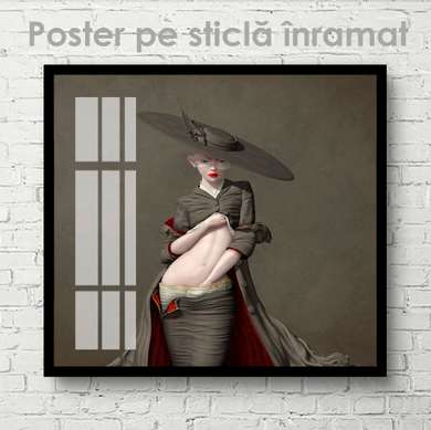 Poster - Doamna în pălărie, 100 x 100 см, Poster inramat pe sticla