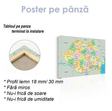 Poster - Harta politică a României, 45 x 30 см, Panza pe cadru