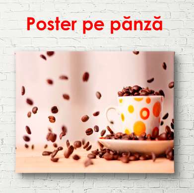 Poster - Cup of coffee with flying coffee beans, 90 x 60 см, Framed poster on glass, Food and Drinks
