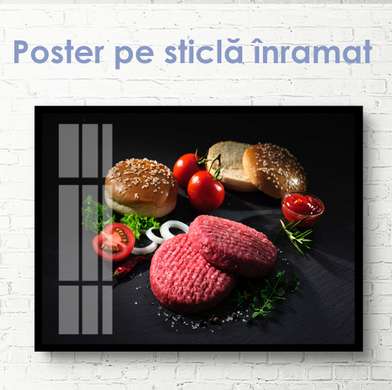 Постер - Набор для приготовления бургера, 90 x 60 см, Постер на Стекле в раме, Еда и Напитки