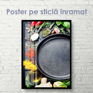 Poster - Selection of herbs and spices, 45 x 90 см, Framed poster on glass