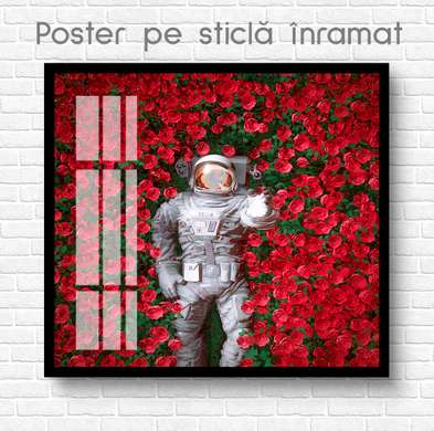 Poster - Cosmonaut în trandafiri roșii, 100 x 100 см, Poster inramat pe sticla
