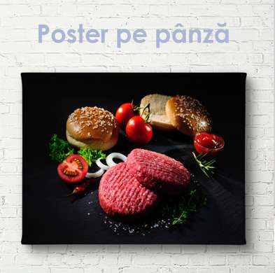 Poster - Set pentru burgeri, 90 x 60 см, Poster inramat pe sticla, Alimente și Băuturi