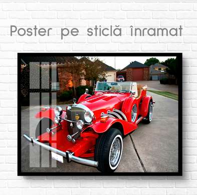 Постер - Красная Ретро машина, 90 x 60 см, Постер на Стекле в раме, Транспорт