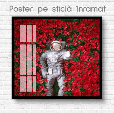 Poster - Cosmonaut în trandafiri roșii, 40 x 40 см, Panza pe cadru, Diverse