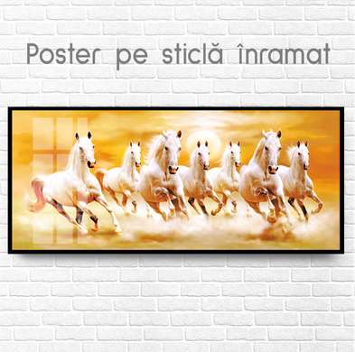 Постер, Белые лошади на золотом фоне, 60 x 30 см, Холст на подрамнике