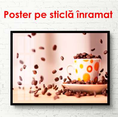 Poster - Cup of coffee with flying coffee beans, 90 x 60 см, Framed poster on glass, Food and Drinks