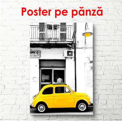 Poster - Mașină retro galbenă, 30 x 60 см, Panza pe cadru, Transport