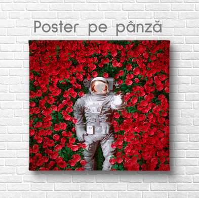 Poster - Cosmonaut in red roses, 40 x 40 см, Canvas on frame